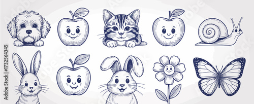 This collection features charming black and white illustrations of cute animals and nature elements, promoting a classic monochrome aesthetic with delightful characters for various uses.