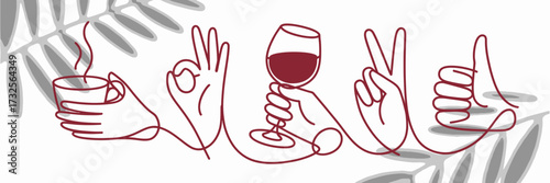 An original line art illustration portraying hands interacting with drinks, depicting a warm atmosphere centered on social engagement and human emotions.