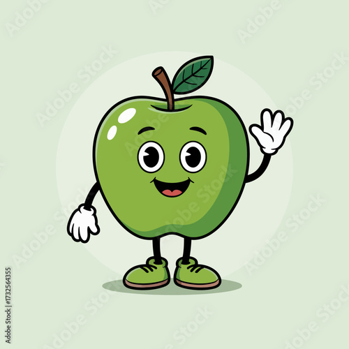 This charming green apple character is waving cheerfully with a smile, embodying friendliness, fun, and positivity in a cartoonish style, ideal for kids and cheerful themes.