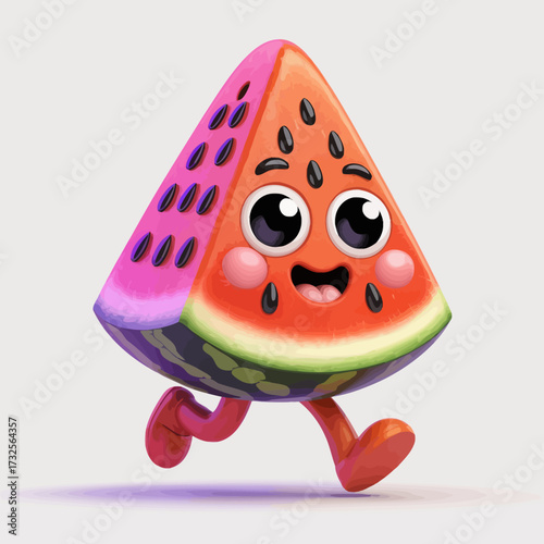 This ecstatic watermelon slice cartoon character captures the essence of joy and playfulness, running energetically with a smile, perfect for summer vibes and fun artwork.