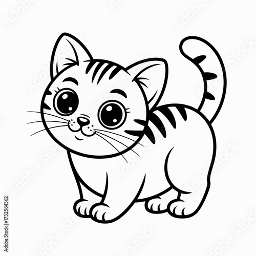 This adorable tabby cat features large, expressive eyes and a playful stance, showcasing its friendly and lively nature. The illustration captures the joy of youthful pets.