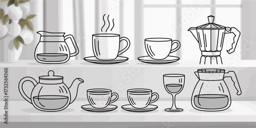 This illustration portrays an elegant line art design of various coffee and tea accessories, blending style with functionality, ideal for kitchen decor or cafe branding.