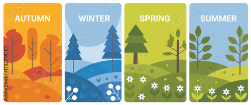 This colorful illustration displays four seasons—autumn, winter, spring, and summer—encapsulating nature's beauty and diversity through vivid colors and styles.