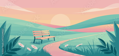 A solitary bench positioned on a winding path offers a perfect view of the hills and sunset, inviting reflection, solitude, and a moment of peace in nature.