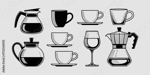 An artistic arrangement of different coffee and drink utensils highlighting their diverse shapes and sizes, perfect for showcasing beverage culture and enjoyment.