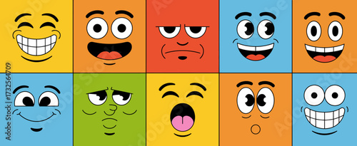 A grid of cheerful smiley faces showcasing a variety of expressions, illustrating human emotions such as joy, surprise, and contemplation in a fun and vibrant way.
