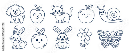 A delightful array of cute animal sketches in blue outline style, including various creatures and nature elements, offering a charming aesthetic perfect for children’s artwork.