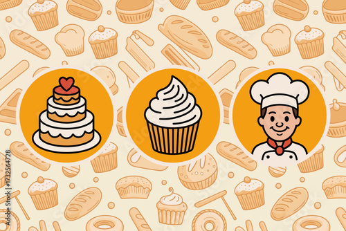 A vibrant illustration of a cupcake, a cake, and a cheerful baker framed by whimsical dessert patterns, perfectly embodying the joy of baking and dessert creation.
