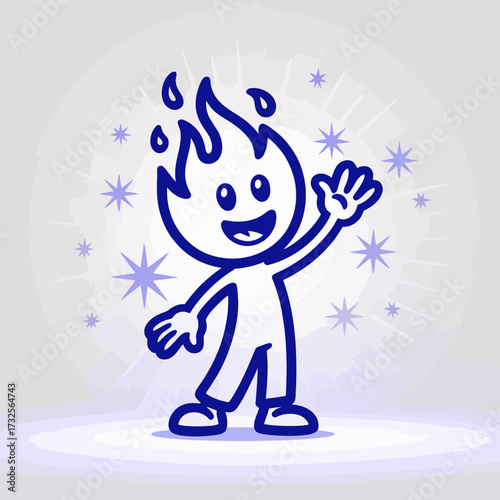 A whimsical cartoon character with vibrant fiery hair and a joyful expression, embodying playfulness and joy while surrounded by enchanting starry elements.