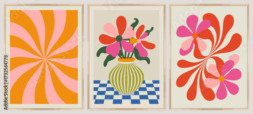 Three contemporary artworks showcasing vivid flower arrangements with playful patterns and compositions, creating an inviting atmosphere that resonates with modern art lovers.