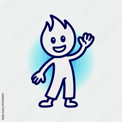 A cheerful blue cartoon character with flame-like hair waves delightfully, designed to express joy and spark imagination amidst a dreamy background of whimsical stars.
