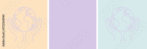 This minimalist illustration showcases a globe held in two hands against a soft pastel background, symbolizing global unity, peace, and the delicate balance of our world.