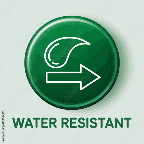 Highlighting a water droplet and arrow, this image effectively communicates water resistance with a rich green design that emphasizes modern minimalism and clarity for product use.