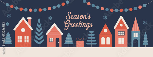 This vibrant holiday illustration features cheerful houses adorned with decorations, representing warmth and festive joy for the holiday season in a beautifully designed layout.