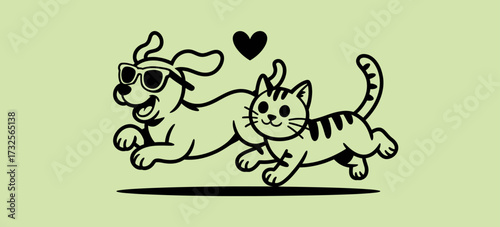 A delightful illustration featuring a joyful dog and a cheerful cat running together with love, showcasing their playful relationship and friendship in a vibrant scene.