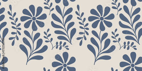 This image captivates with its charming blue flower patterns, beautifully combined with leaves on a soft cream background, ideal for vintage-style designs in contemporary themes.