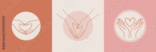 An engaging series of heart-shaped hand illustrations symbolize affection and care, focusing on connections that uplift and unite in a visually appealing and minimalist design.