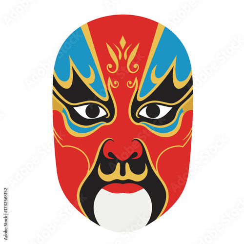 Graphic flat illustration of Chinese opera mask isolated on white background.