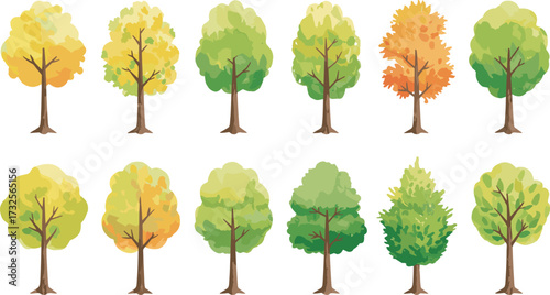 Tree illustration set, seasonal foliage icons, cartoon forest elements, autumn and summer trees, nature clipart pack, vector landscape graphics, outdoor assets