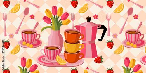 This soothing image depicts a delightful arrangement of coffee cups alongside vibrant flowers, creating a warm and inviting atmosphere perfect for relaxation and enjoyment.