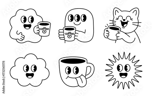 A cheerful group of animated characters is joyfully enjoying their coffee, encapsulating happiness and the bonding moments shared over a delightful beverage in a fun style.