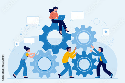 A vibrant illustration depicting a group of diverse individuals engaging with large gears, symbolizing teamwork and collaboration in a dynamic working environment and creative efforts.
