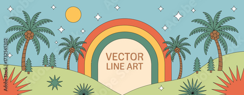 This vibrant vector art illustrates a tropical scene with a rainbow arched over palm trees, embodying the essence of summer bliss and outdoor adventure.