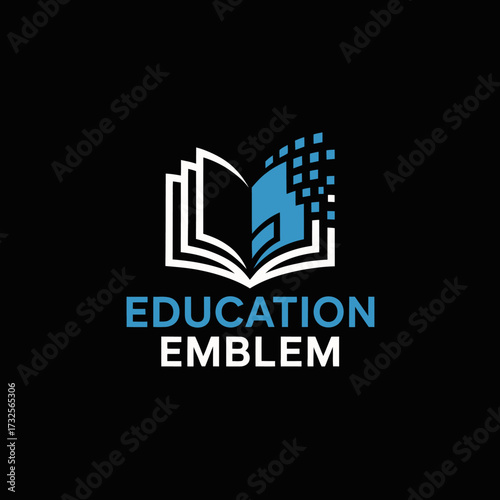 A sleek and modern emblem representing education, featuring an open book with digital pixel elements, symbolizing the fusion of traditional and digital learning.