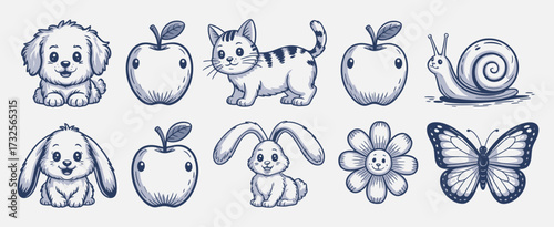 This delightful image features various cute characters and nature elements including puppies, kittens, apples, flowers, and a butterfly, perfect for children's themes.