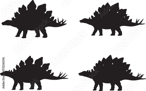 Four black stegosaurus dinosaur silhouettes