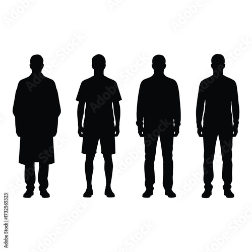 Silhouettes of four diverse men in casual and professional attire standing together side by side full body view silhouette