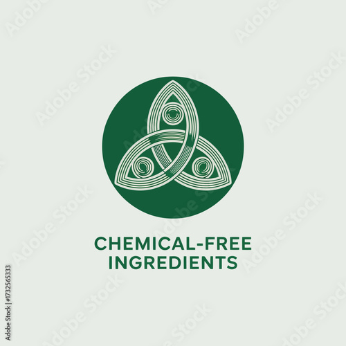A circular logo focusing on chemical-free ingredients, encapsulating a blend of modern design elements with a commitment to wellness, sustainability, and integrity in products.