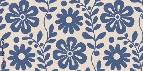 Showcasing an enchanting floral motif, this image combines blue flowers with greenery against a soothing cream backdrop, perfect for various decorative and artistic purposes.