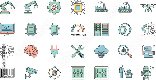 Industrial automation, robotics, artificial intelligence, cloud computing, machine learning, data analysis, smart technology, vector illustration