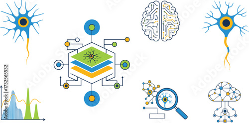 Neural network icons, artificial intelligence brain, data analysis, machine learning, digital neuroscience research, vector illustration