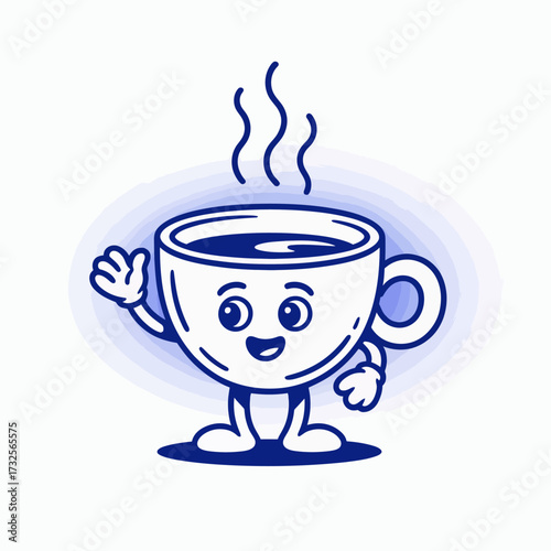 This adorable coffee cup character captures attention with its friendly smile and waving hand, radiating warmth and cheer, ideal for cozy beverage moments and fun vibes.