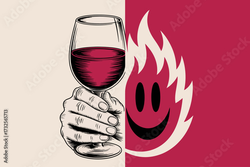 This illustration features a glass of red wine alongside a bright flame and smiley face, symbolizing joy, passion, and celebration with a creative twist on emotions.