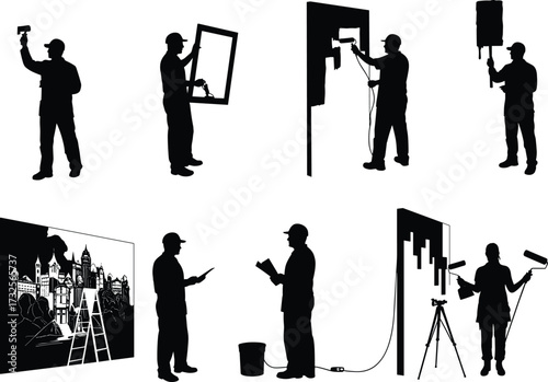 Painting silhouettes, mural creation, wall decor, roller and tray, clipboard teamwork, window frame, ladder work, vector illustration, black figures, decorating scene, art tools