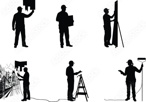Painting silhouettes, mural work, ladder painting, wall art, roller and tray, easel drawing, decorating tools, vector illustration, black figures, creative scene