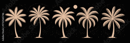 A captivating illustration of palm trees featured alongside a moon and stars, evoking a dreamy and serene night atmosphere, ideal for summer-themed or vacation-oriented designs.