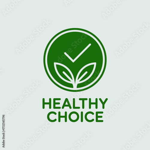 This image portrays a vibrant green healthy choice symbol featuring a check mark and a growing plant, representing organic and natural living choices for consumers.