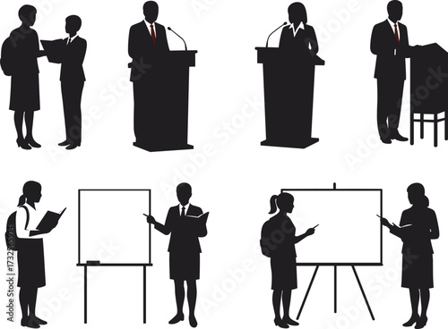 Professional silhouette vector, student with backpack, podium speaker, whiteboard presentation, academic discussion, career training, black figure illustration, education concept, teaching scene