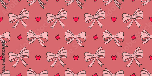 This delightful pattern features various bows and hearts, set against a soft pink background, ideal for crafting, textiles, and romantic designs appealing to a youthful audience.
