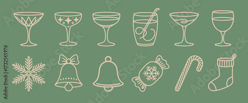 Showcasing an assortment of beautifully designed cocktail glasses paired with holiday elements, set in a playful atmosphere reflecting joy and festive moments.