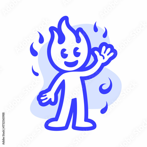 This playful illustration features a cartoon flame character with a cheerful expression, waving and surrounded by abstract flame elements, symbolizing warmth and energy.