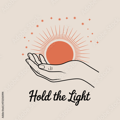 This image depicts a hand gently holding a radiant light source, symbolizing hope and positivity, surrounded by a sunburst and sparkling elements representing warmth.