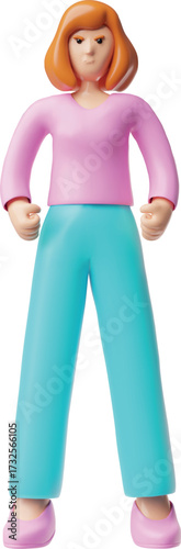 A 3D avatar of a woman with a frowning face and clenched fists.