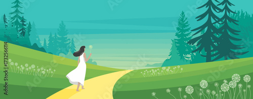 A woman in a flowing white dress walks down a sunlit path surrounded by lush green hills and trees, evoking feelings of freedom, nature, and tranquility in this idyllic scene.