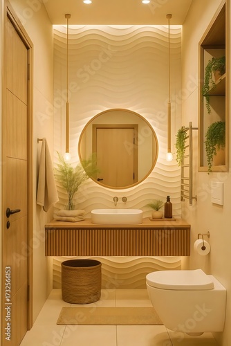 Modern bathroom with wavy wall design, toilet, sink, mirror, and lush plants