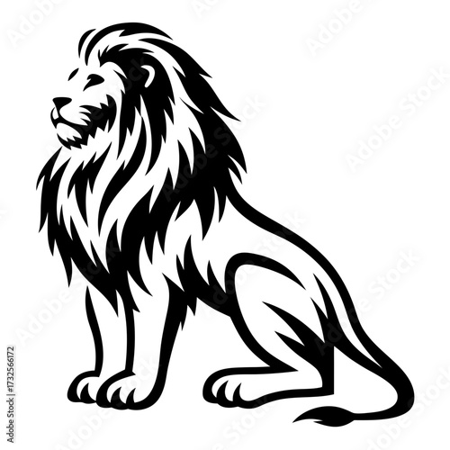 Majestic Lion Sitting Down Black and White Illustration Side Profile View